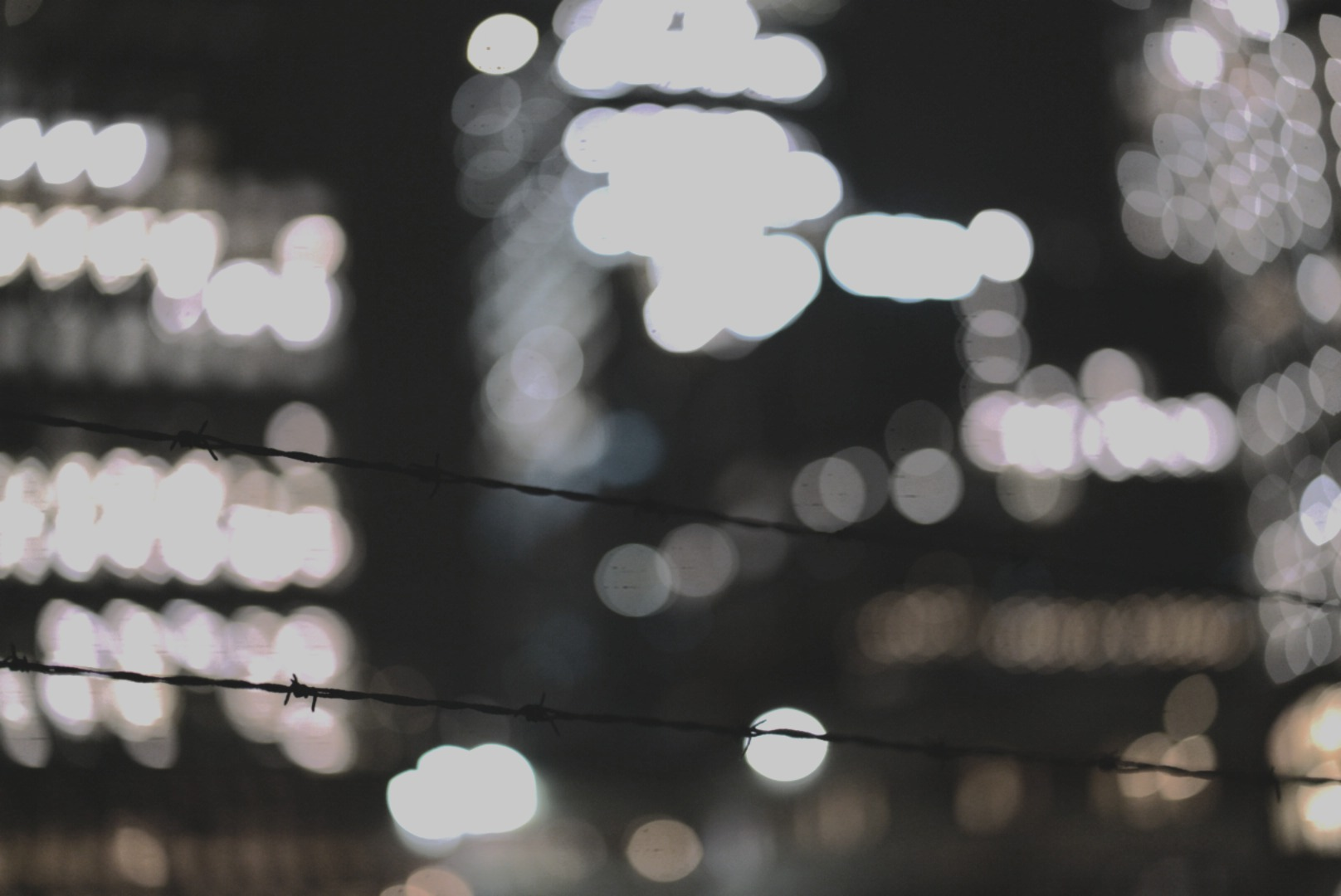 barbed wire in front of a glowing background of building lights-bokeh