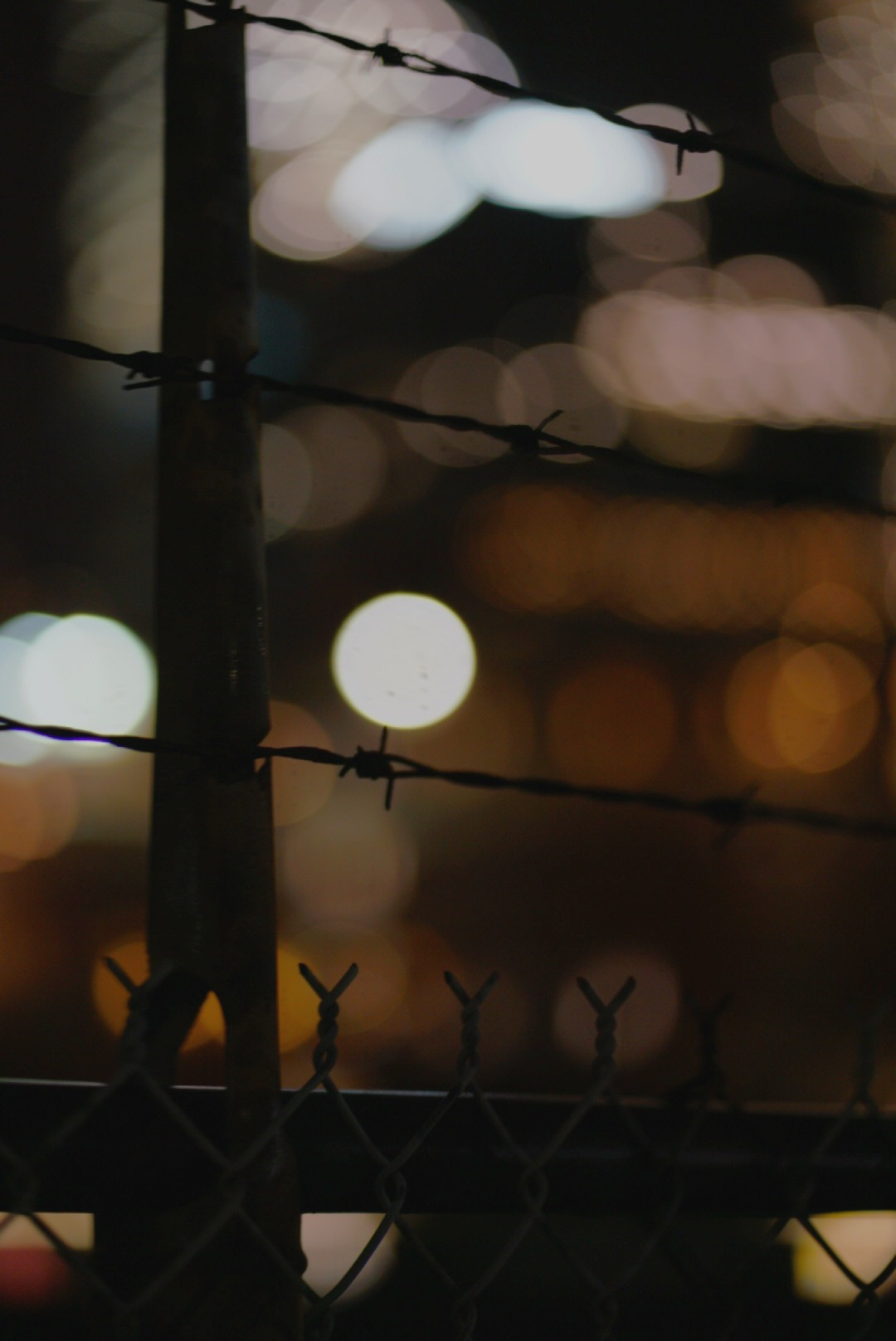 barbed wire in front of a glowing background of building lights-bokeh